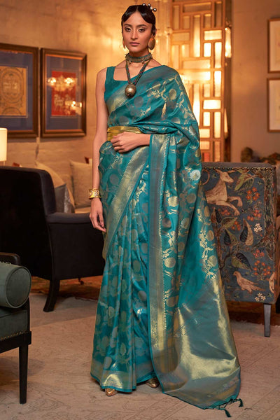 Buy Tessa Blue Silk Blend Design Banarasi One Minute Saree Online - One Minute Saree