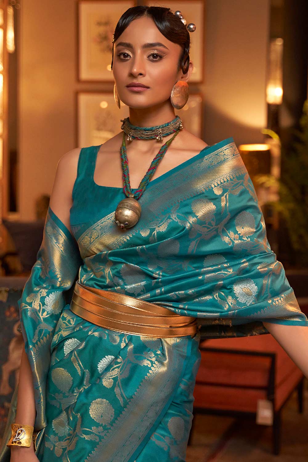 Shop Tessa Blue Silk Blend Design Banarasi One Minute Saree at best offer at our  Store - One Minute Saree