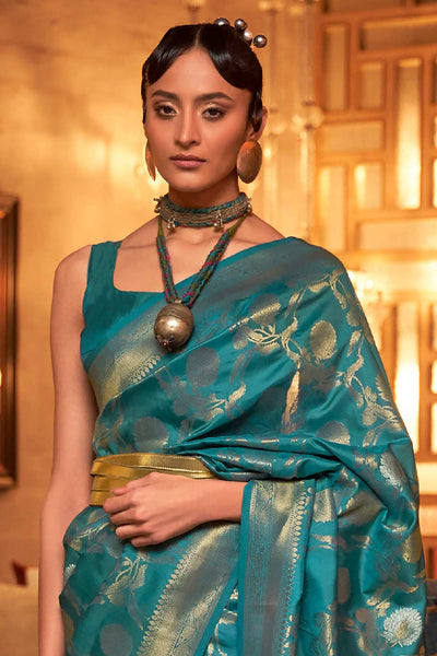 Buy Tessa Blue Silk Blend Design Banarasi One Minute Saree Online