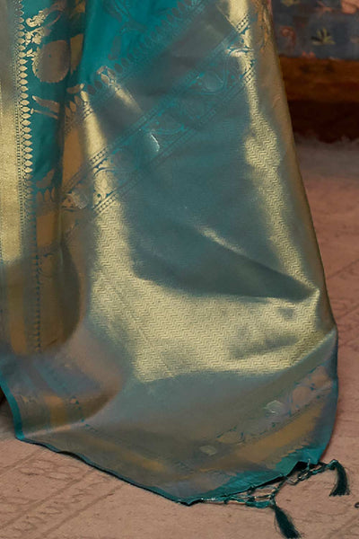 Buy Tessa Blue Silk Blend Design Banarasi One Minute Saree Online - Back