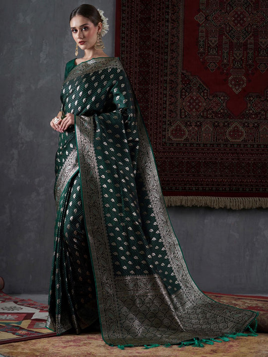 Shop Priya Dark Green Silk Blend Banarasi Ethnic Motif Saree at best offer at our  Store - One Minute Saree