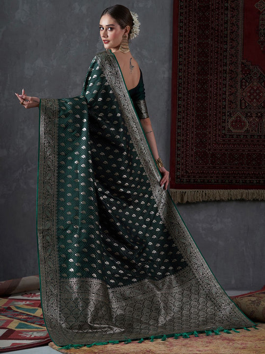 Buy Priya Dark Green Silk Blend Banarasi Ethnic Motif Saree Online - Back
