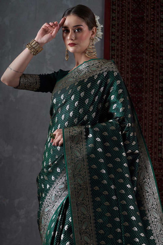 Buy Priya Dark Green Silk Blend Banarasi Ethnic Motif Saree Online - One Minute Saree