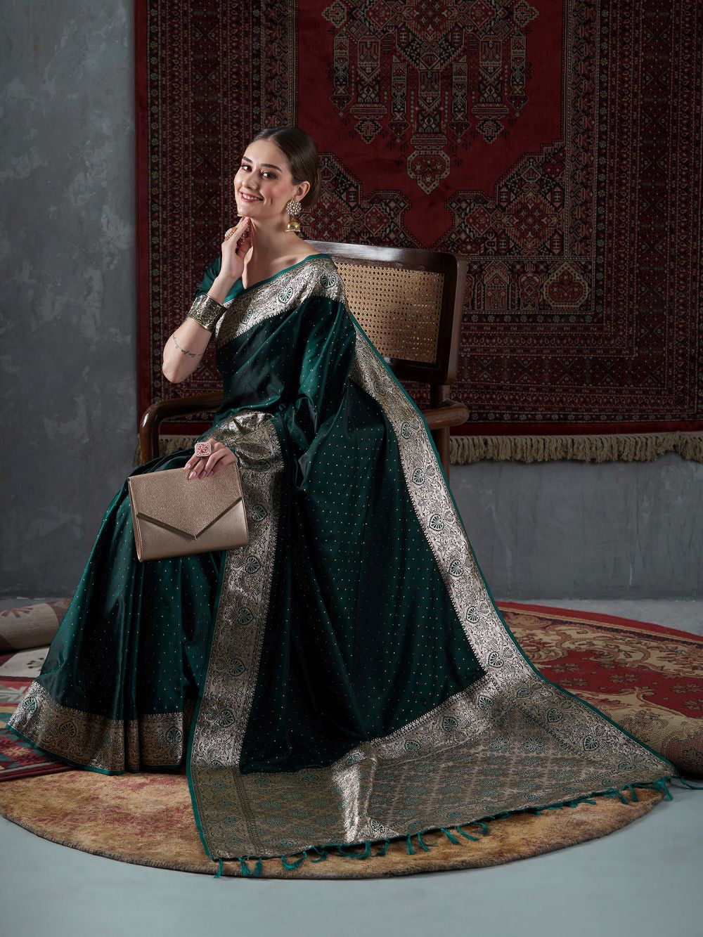 Shop Maya Dark Green Minimal Banarasi One Minute Saree at best offer at our  Store - One Minute Saree