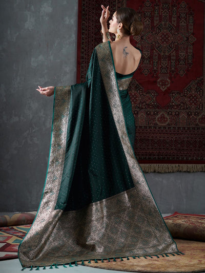 Buy Maya Dark Green Minimal Banarasi One Minute Saree Online - Back