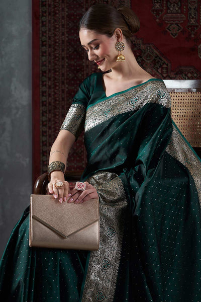 Buy Maya Dark Green Minimal Banarasi One Minute Saree Online - One Minute Saree