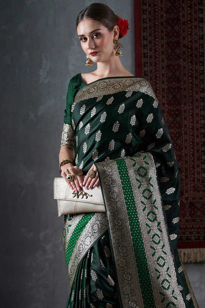 Buy Tori Dark Green Silk Blend Banarasi One Minute Saree Online - One Minute Saree