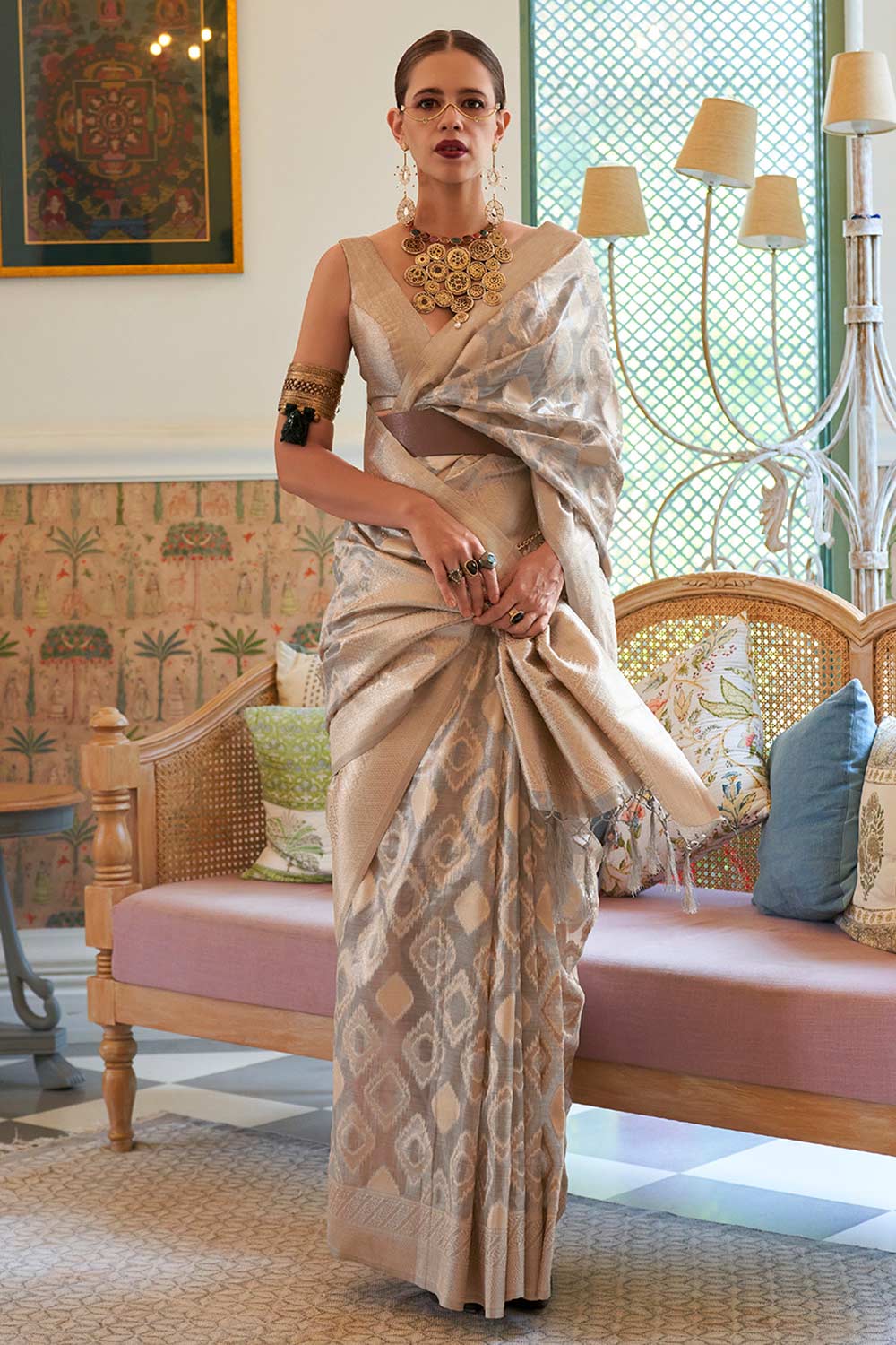 Buy Kalki Off White Tissue Geometric Design One Minute Saree Online - One Minute Saree