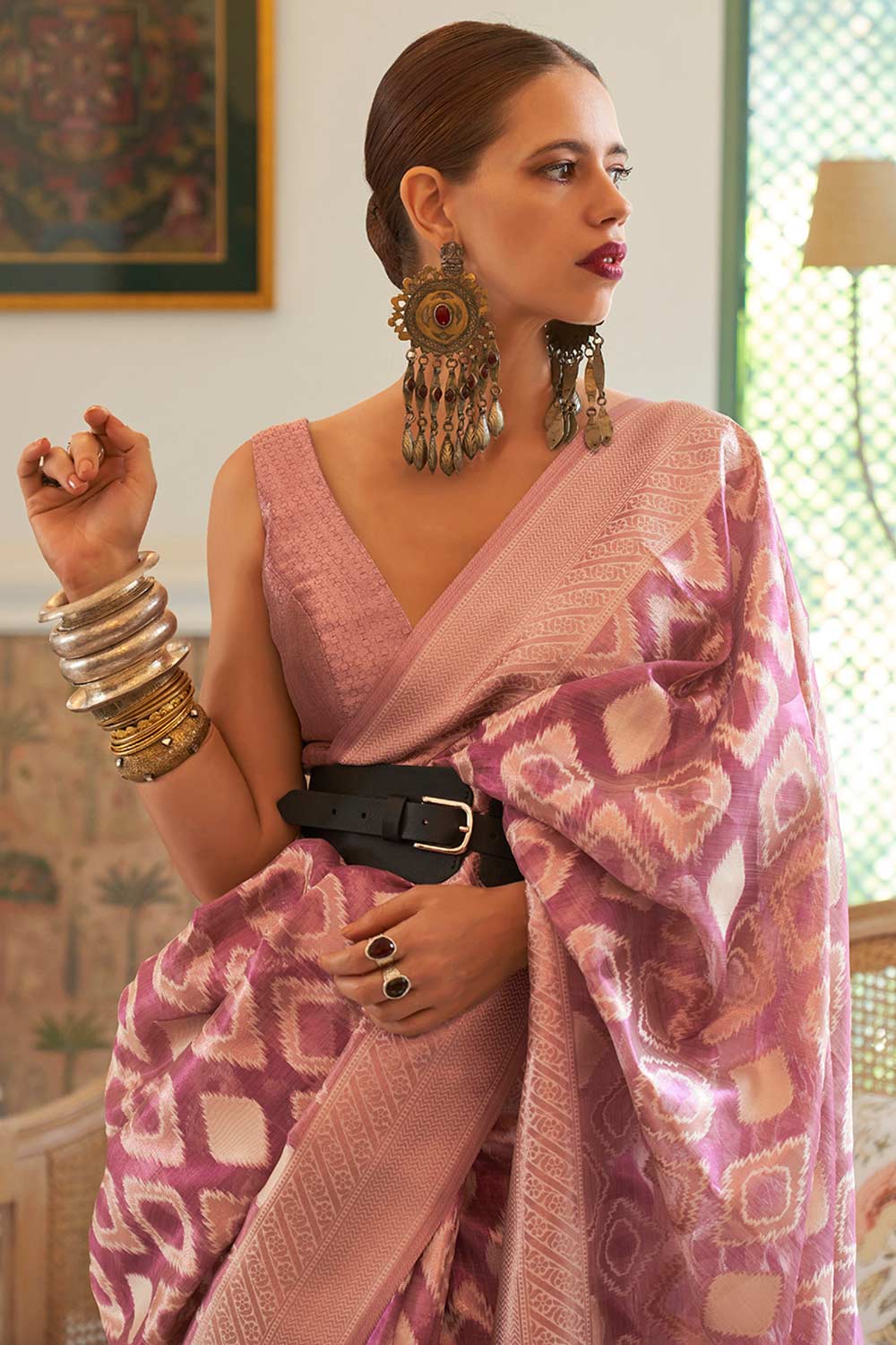 Shop Kalki Lavender Tissue Geometric Design One Minute Saree at best offer at our  Store - One Minute Saree