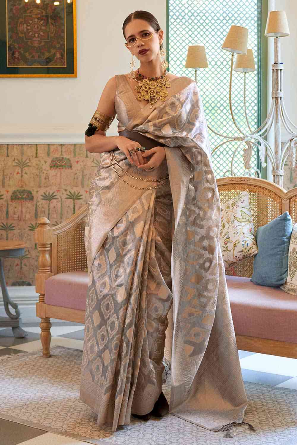 Buy Pippa Grey Tissue Geometric Design One Minute Saree Online - One Minute Saree