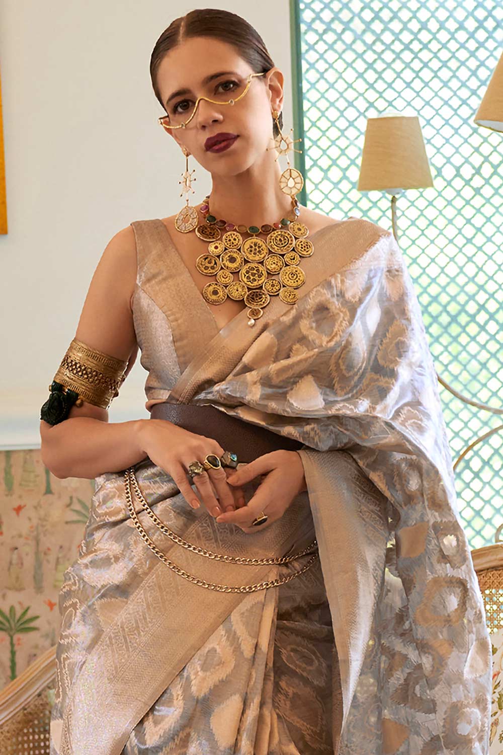 Buy Pippa Grey Tissue Geometric Design One Minute Saree Online