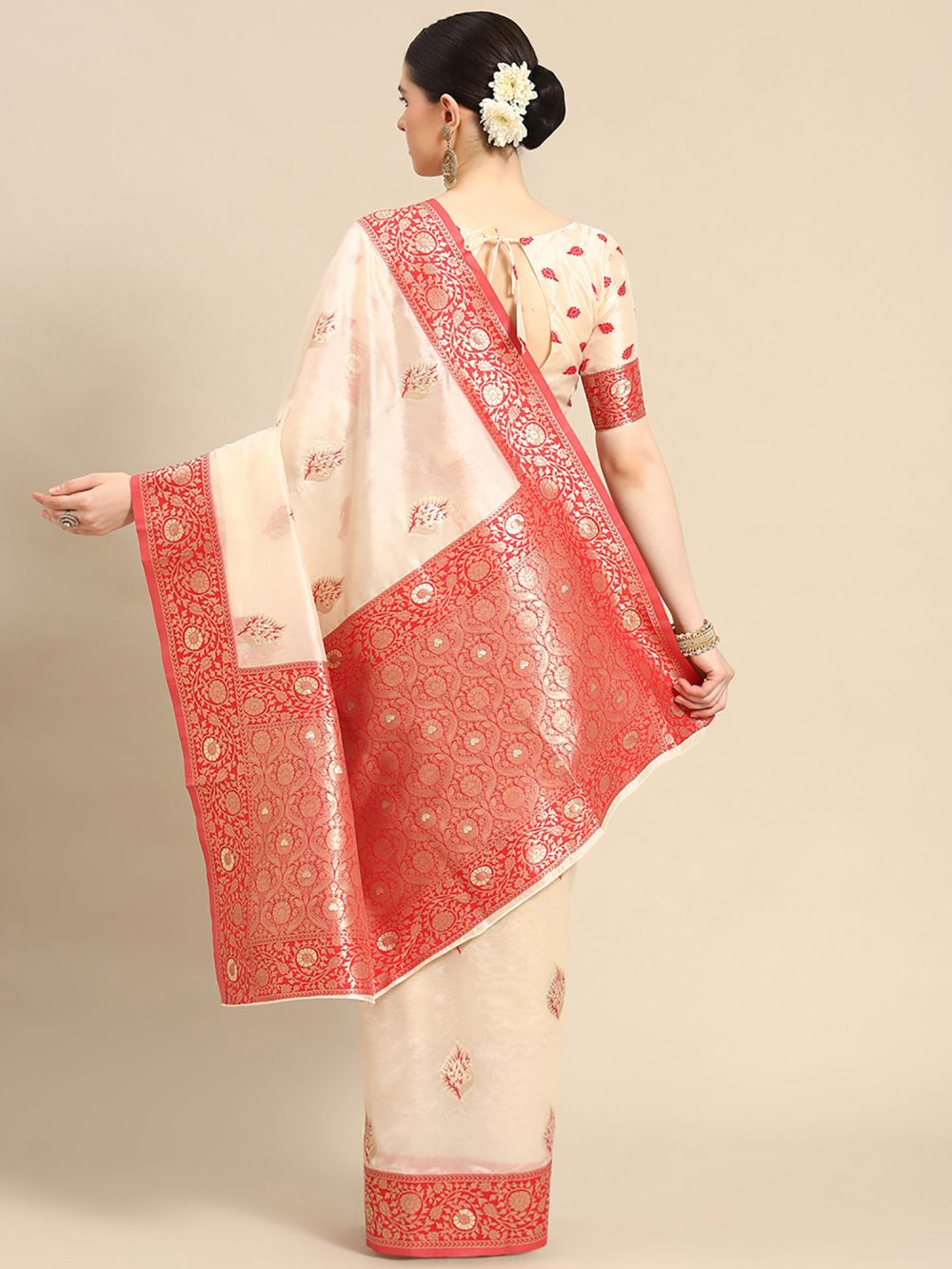 Shop Astha Beige Organza Banarasi One Minute Saree at best offer at our  Store - One Minute Saree