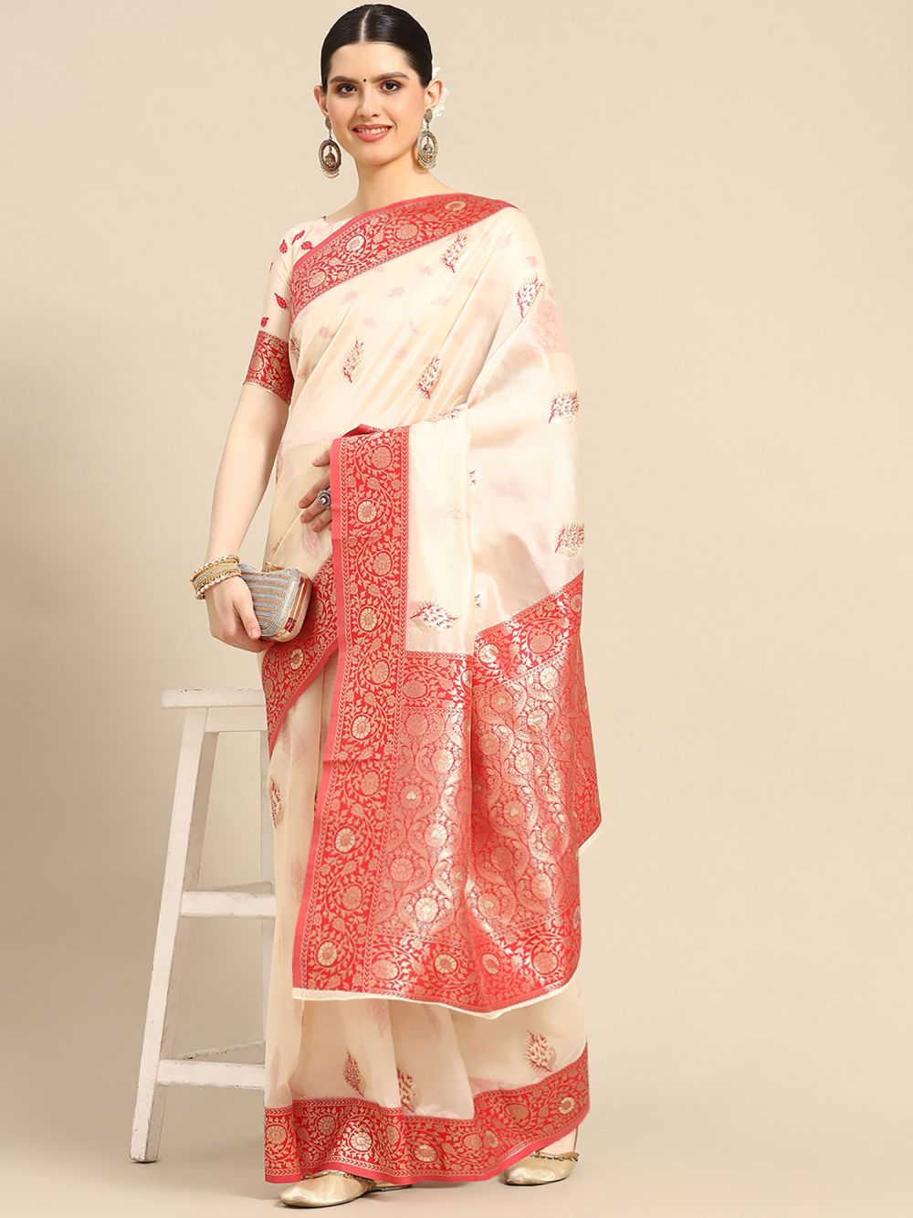 Buy Astha Beige Organza Banarasi One Minute Saree Online