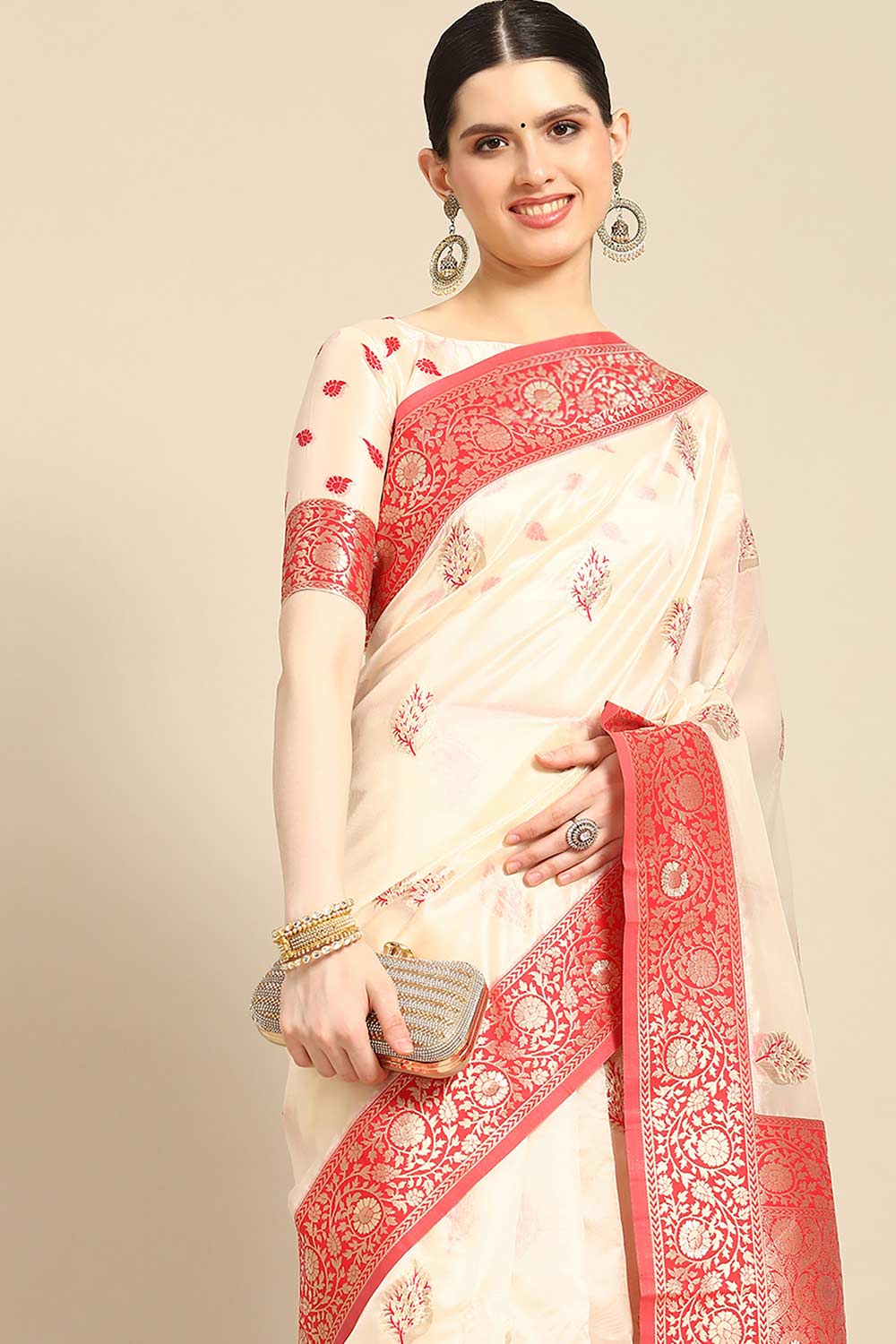 Buy Astha Beige Organza Banarasi One Minute Saree Online - One Minute Saree