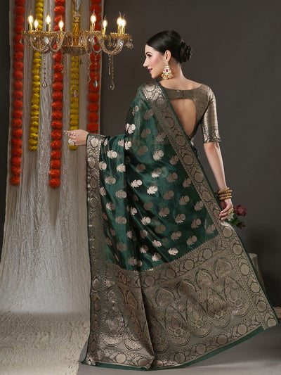 Shop Saylee Dark Green Organza Traditional Zari One Minute Saree at best offer at our  Store - One Minute Saree
