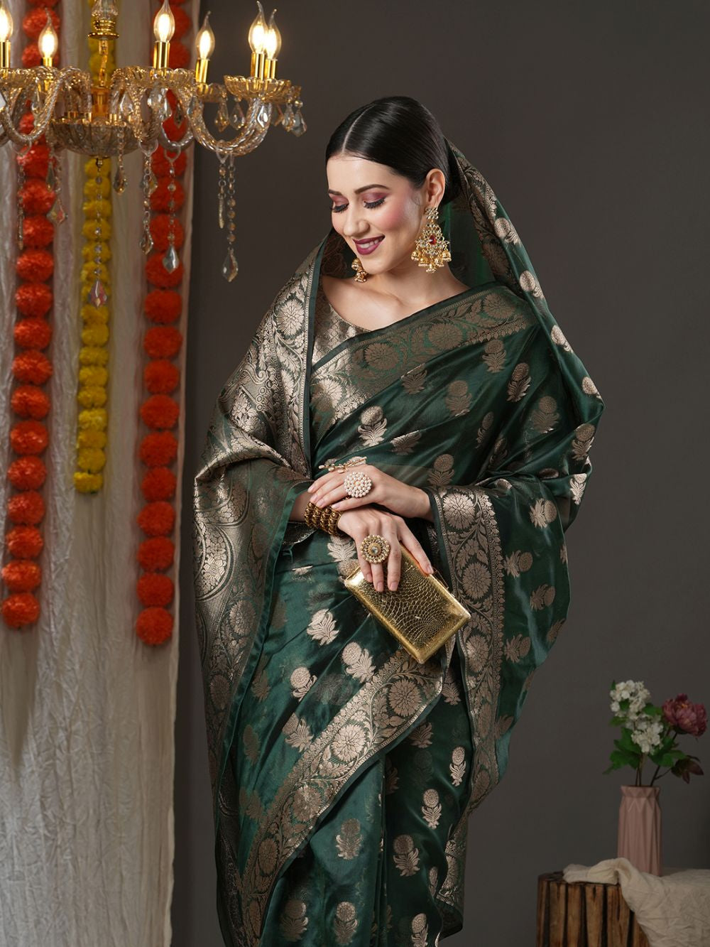 Buy Saylee Dark Green Organza Traditional Zari One Minute Saree Online - Front