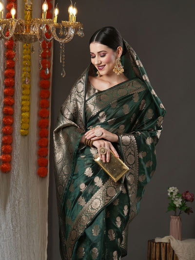 Buy Saylee Dark Green Organza Traditional Zari One Minute Saree Online - Front