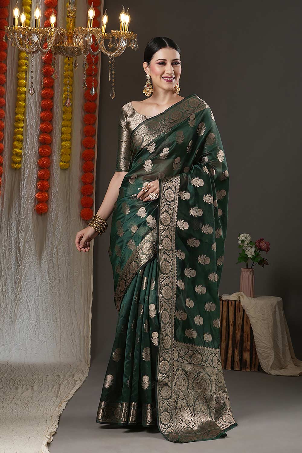 Buy Saylee Dark Green Organza Traditional Zari One Minute Saree Online - One Minute Saree