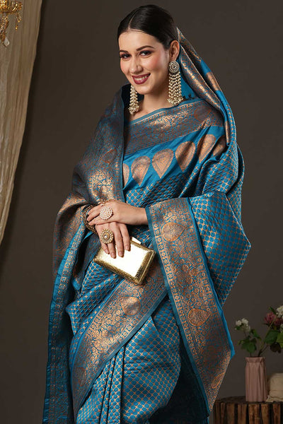 Buy Trisha Blue Silk Blend Paisley Woven Design One Minute Saree Online - Front
