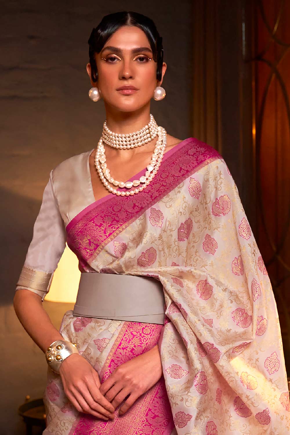 Buy Pearl Pink Art Silk Paisley Dharmavaram One Minute Saree Online