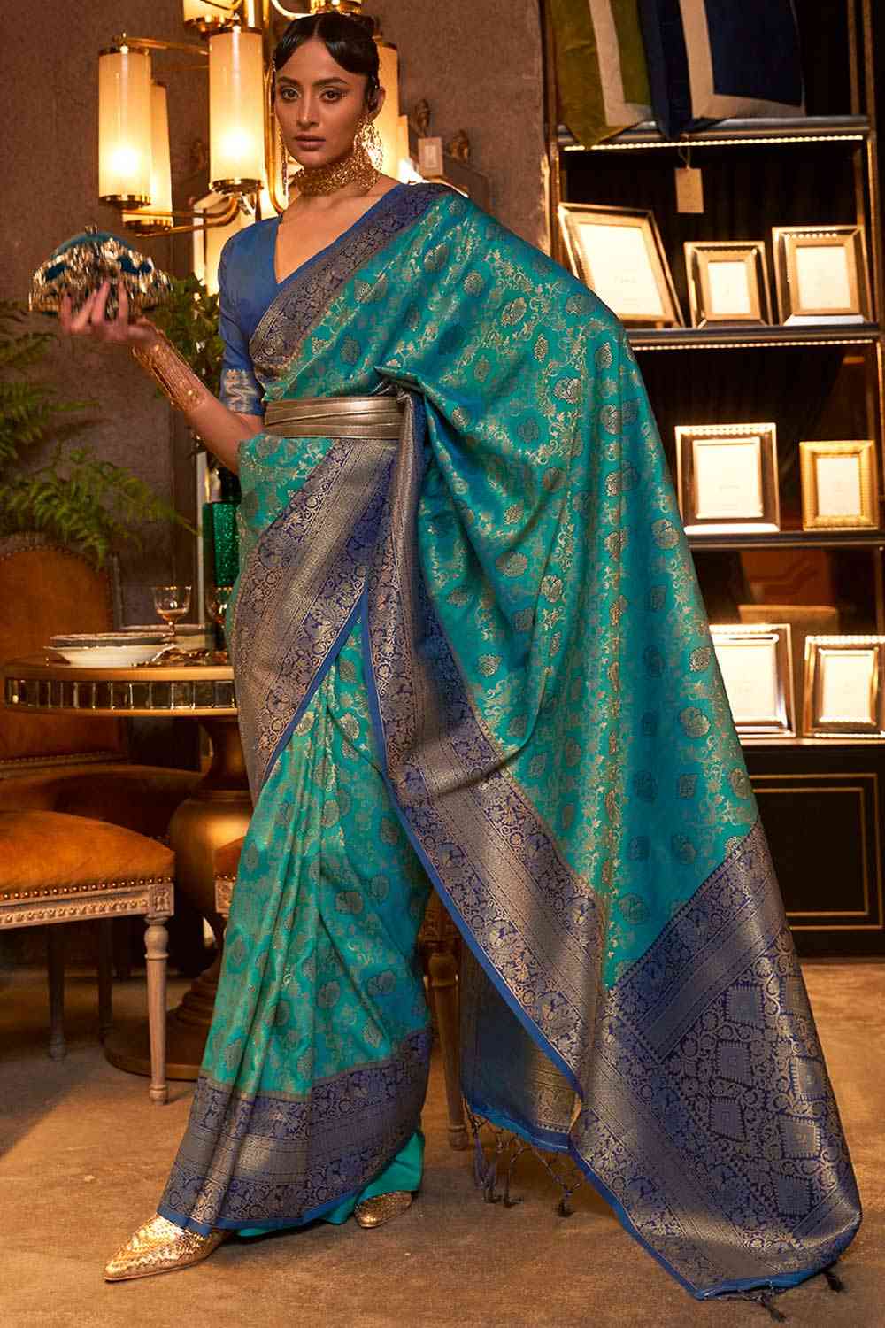 Buy Shubha Green Art Silk Paisley Dharmavaram One Minute Saree Online - One Minute Saree