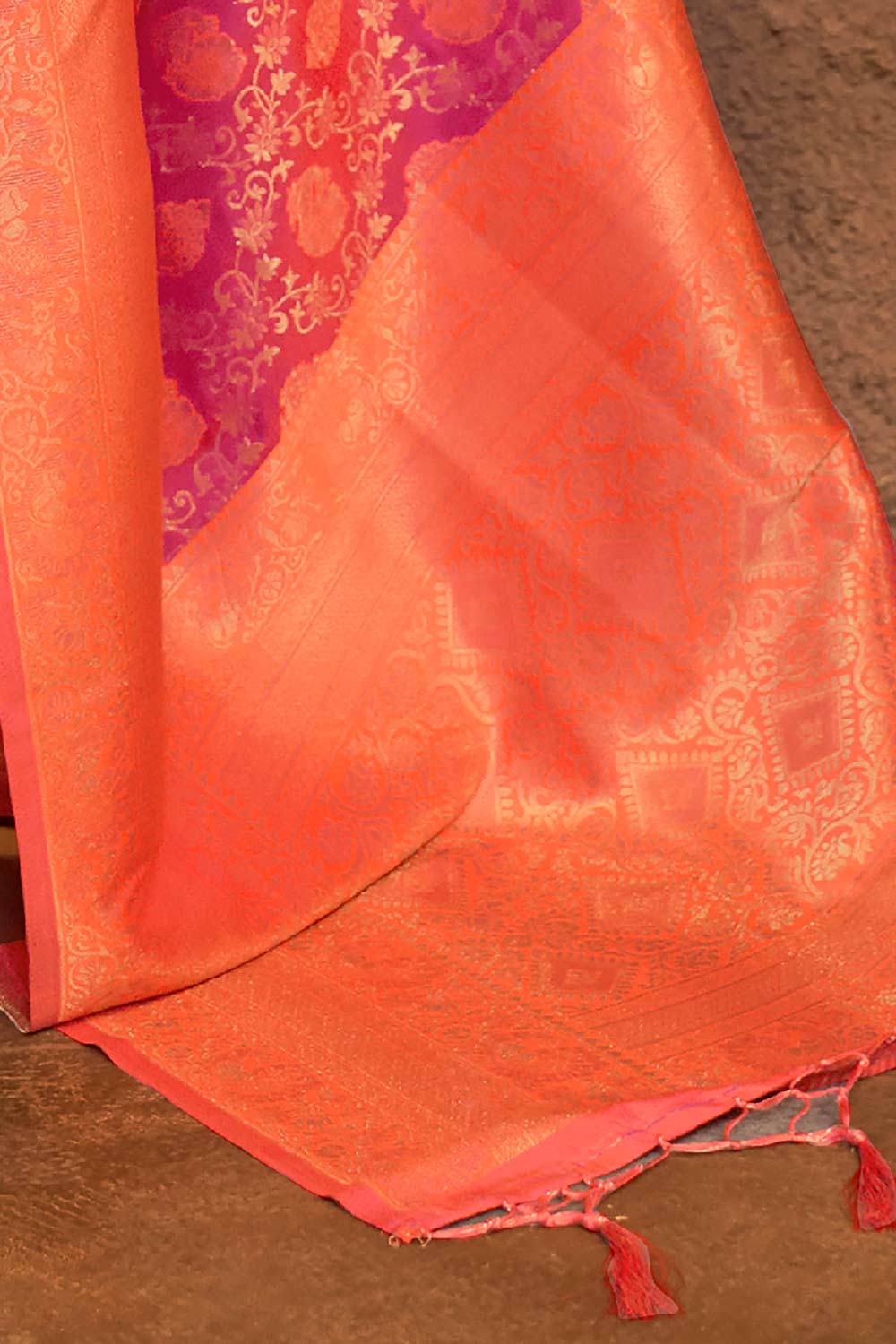 Buy Urvi Orange & Magenta Silk Blend Paisley Dharmavaram One Minute Saree Online - Back