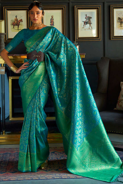 Buy Katrina Green & Teal Blue Silk Blend Dharmavaram One Minute Saree Online - One Minute Saree