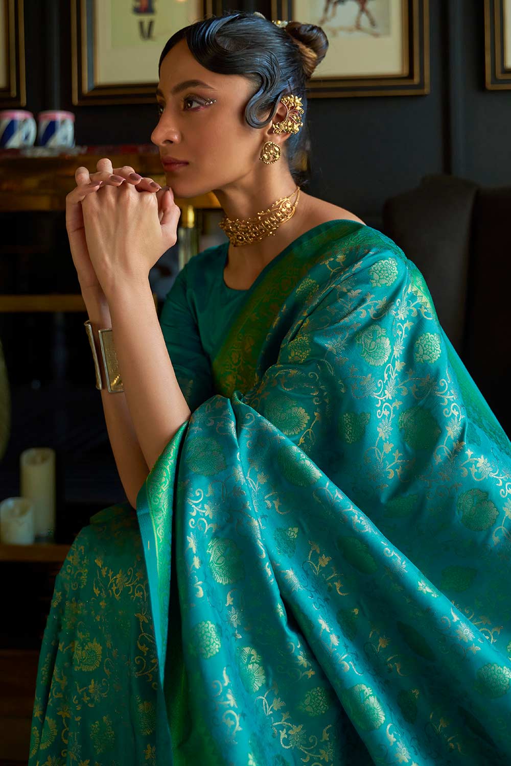 Shop Katrina Green & Teal Blue Silk Blend Dharmavaram One Minute Saree at best offer at our  Store - One Minute Saree