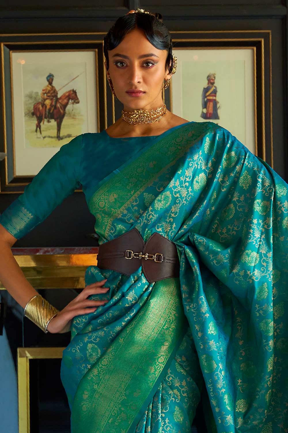 Buy Katrina Green & Teal Blue Silk Blend Dharmavaram One Minute Saree Online