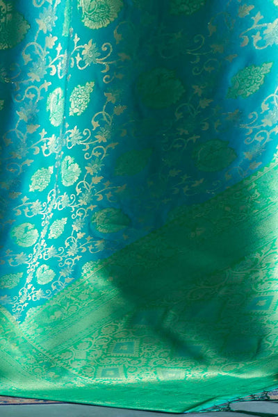 Buy Katrina Green & Teal Blue Silk Blend Dharmavaram One Minute Saree Online - Back