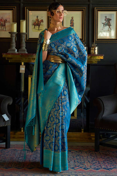 Buy Nur Navy Blue Silk Blend Paisley Woven Design Dharmavaram One Minute Saree Online - One Minute Saree