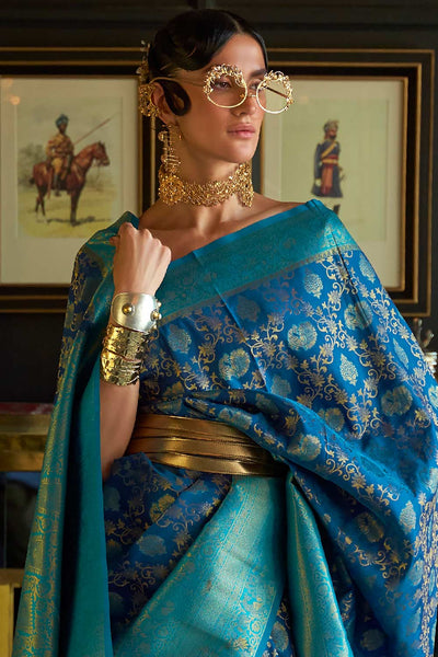 Buy Nur Navy Blue Silk Blend Paisley Woven Design Dharmavaram One Minute Saree Online