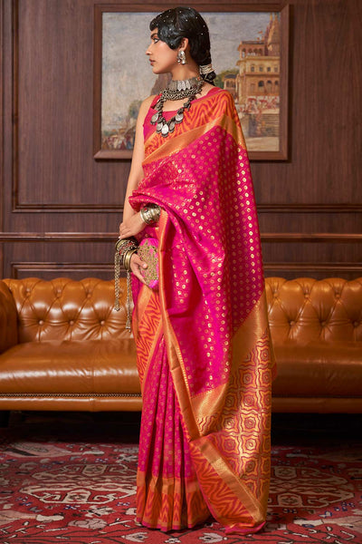 Buy Nora Orange & Pink Silk Blend Banarasi One Minute Saree Online - One Minute Saree