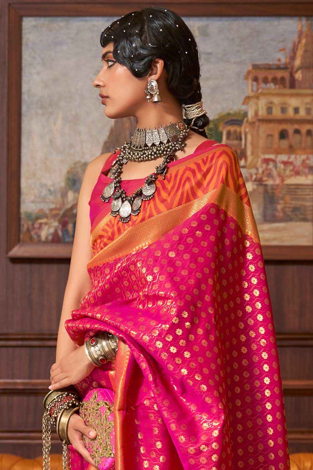 Buy Nora Orange & Pink Silk Blend Banarasi One Minute Saree Online