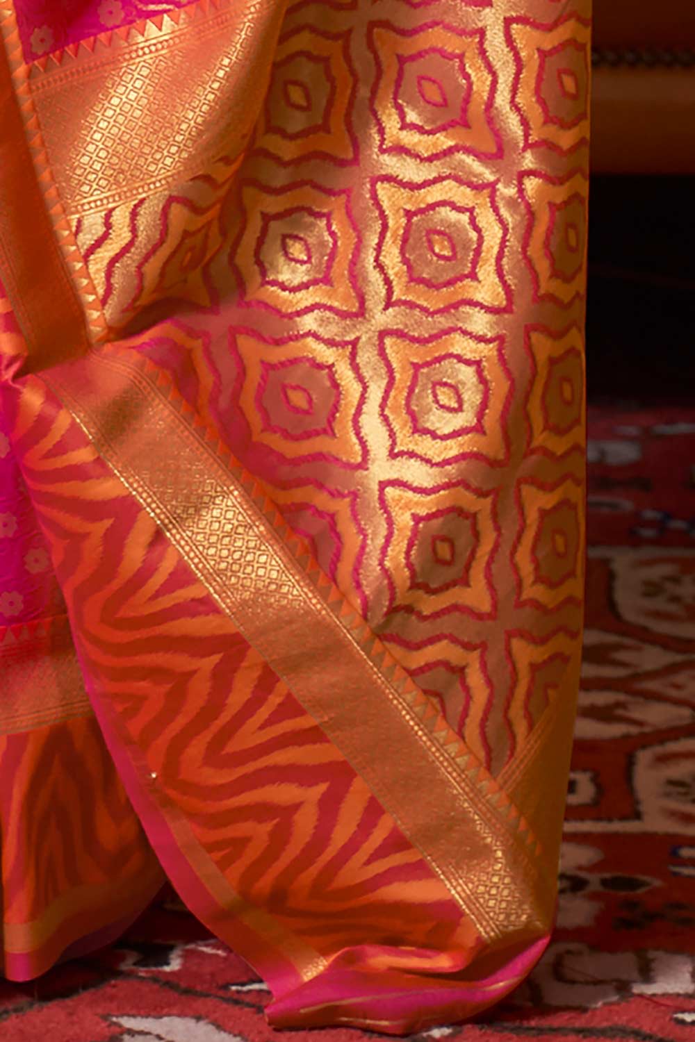 Buy Nora Orange & Pink Silk Blend Banarasi One Minute Saree Online - Back