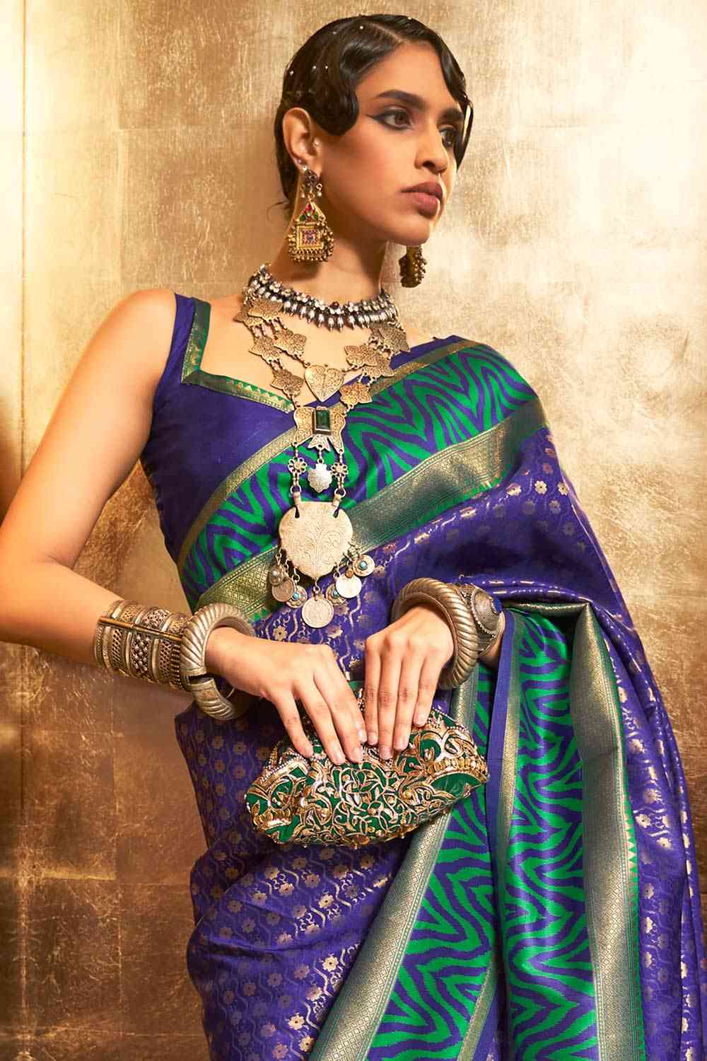 Buy Ashika Multi-Color Silk Blend Paisley Woven Design Banarasi One Minute Saree Online