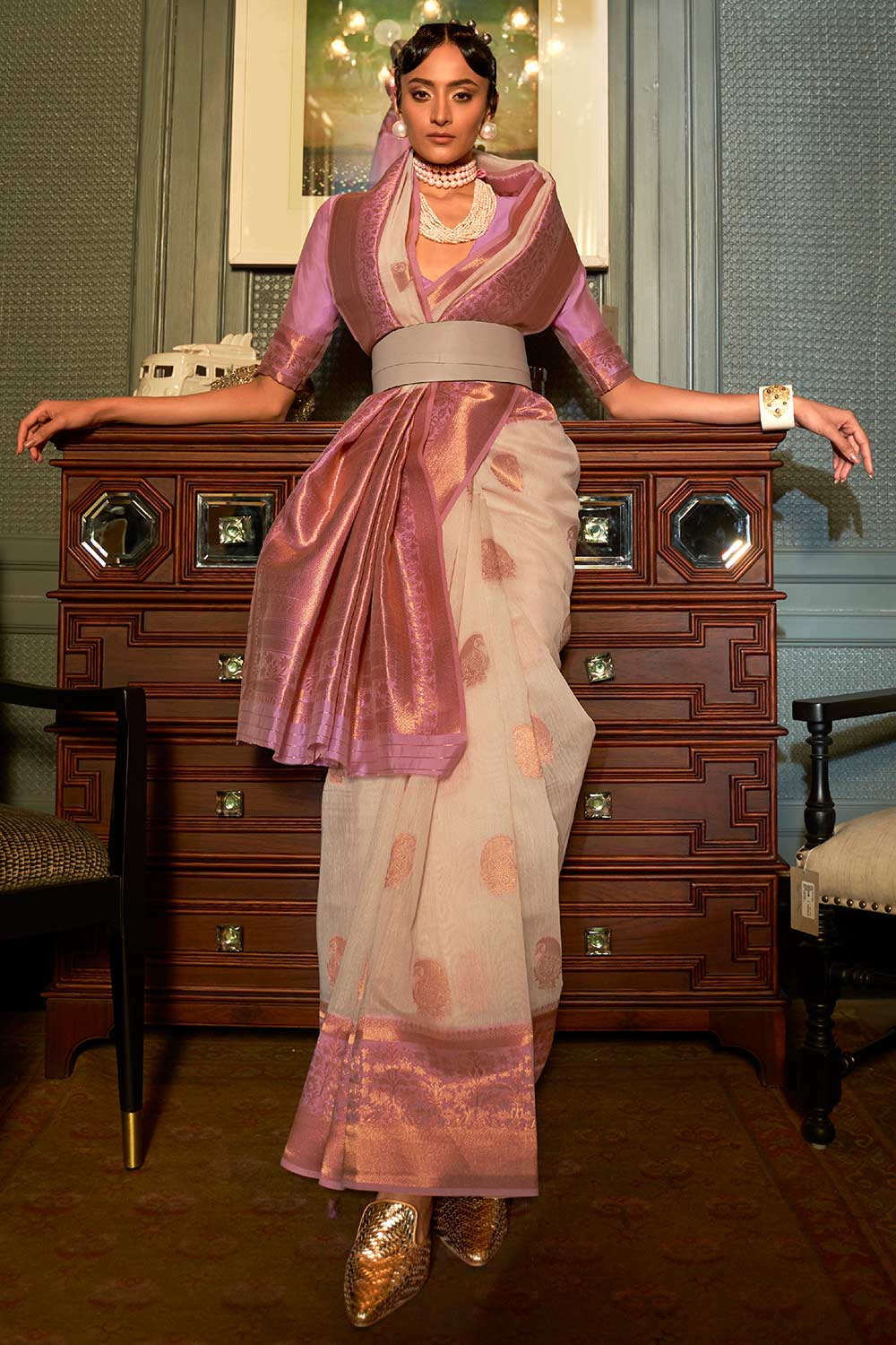 Shop Lyla Cream Pure Linen Bagh Woven Design Banarasi One Minute Saree at best offer at our  Store - One Minute Saree