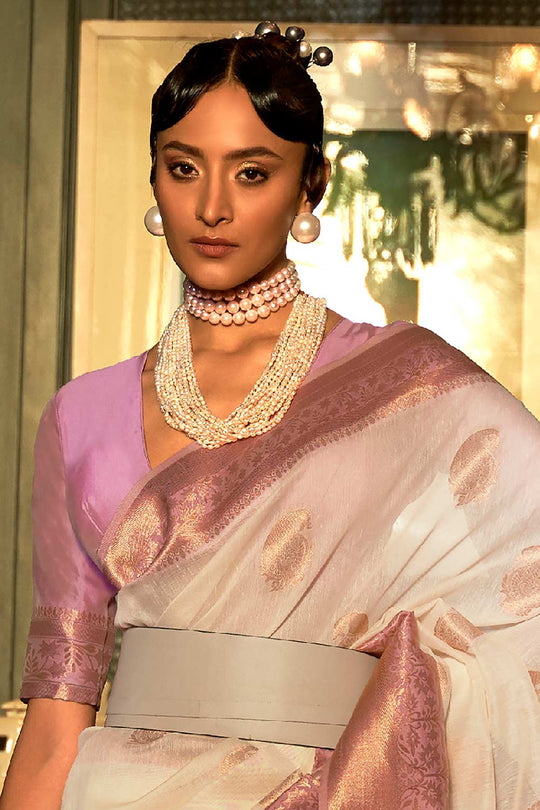 Buy Lyla Cream Pure Linen Bagh Woven Design Banarasi One Minute Saree Online