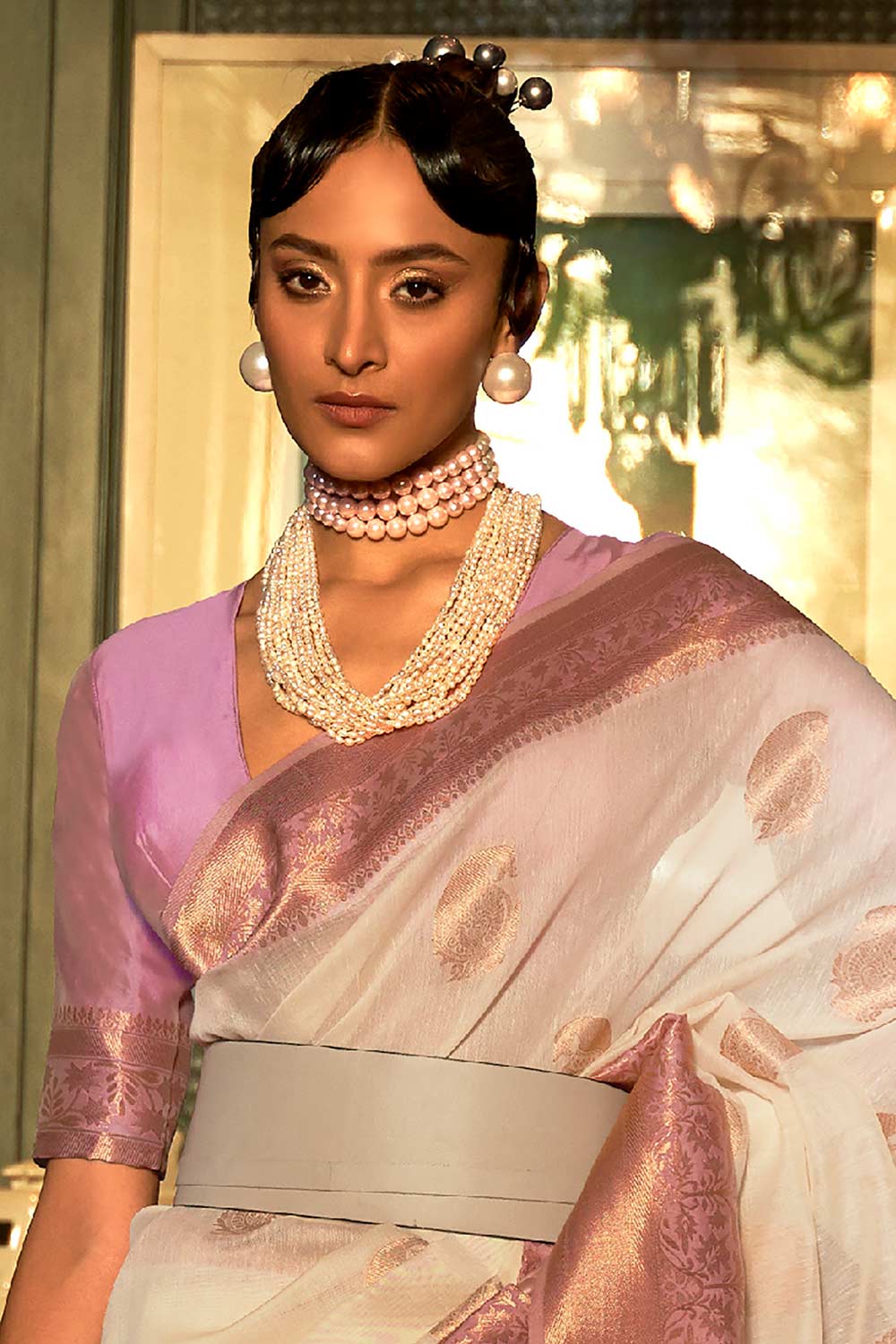 Buy Lyla Cream Pure Linen Bagh Woven Design Banarasi One Minute Saree Online