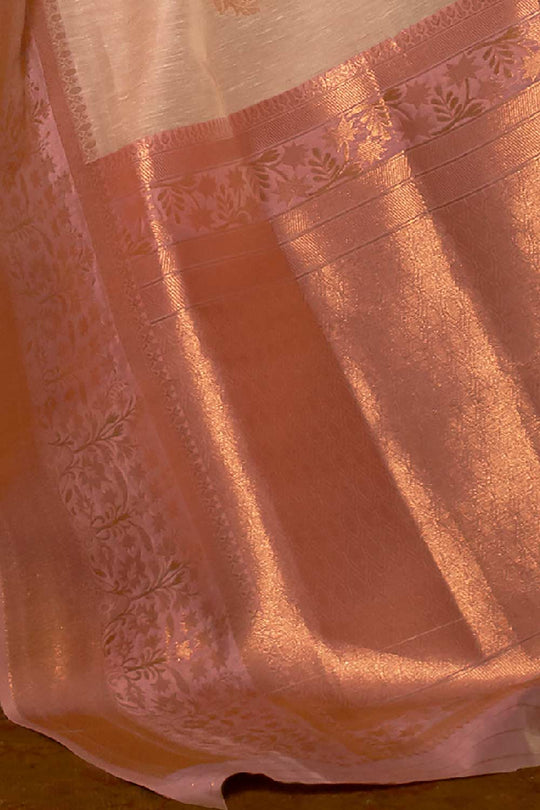 Buy Lyla Cream Pure Linen Bagh Woven Design Banarasi One Minute Saree Online - Back