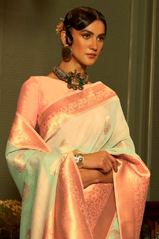 Shop Lea Sea Green & Peach Pure Linen One Minute Saree at best offer at our  Store - One Minute Saree