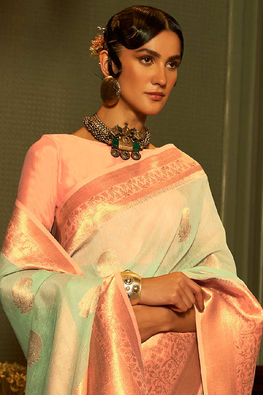 Buy Lea Sea Green & Peach Pure Linen One Minute Saree Online