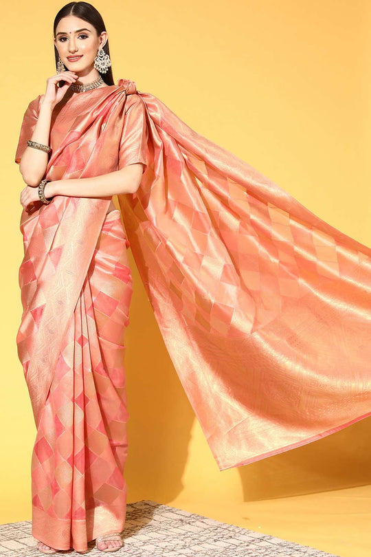 Buy Maggie Peach Organza Checkered One Minute Saree Online - One Minute Saree