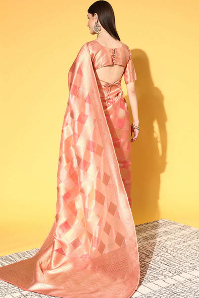 Shop Maggie Peach Organza Checkered One Minute Saree at best offer at our  Store - One Minute Saree