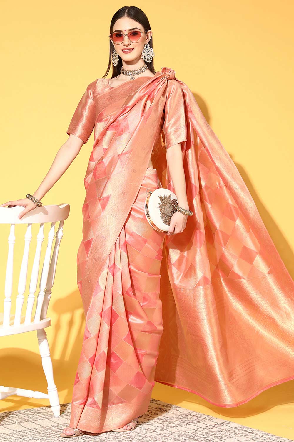 Buy Maggie Peach Organza Checkered One Minute Saree Online