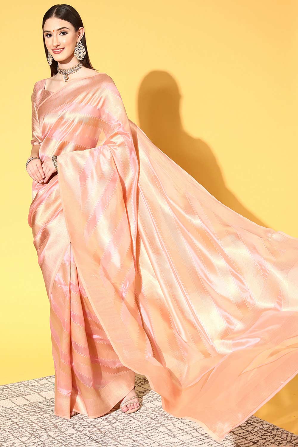Buy Leanne Peach Organza Leheriya One Minute Saree Online - One Minute Saree