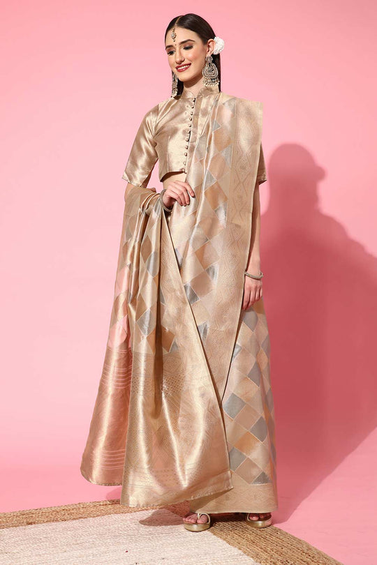 Buy Angele Peach Organza Checkered One Minute Saree Online - One Minute Saree