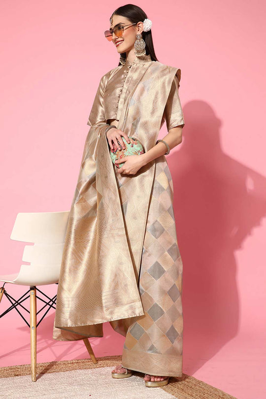 Buy Angele Peach Organza Checkered One Minute Saree Online