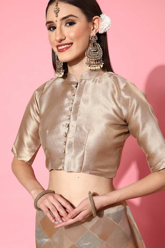 Buy Angele Peach Organza Checkered One Minute Saree Online - Front