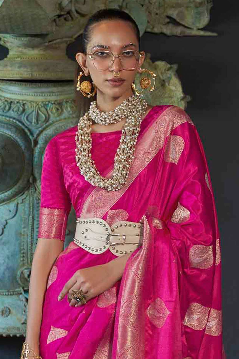 Buy Jetha Pink Art Silk Paisley One Minute Saree Online